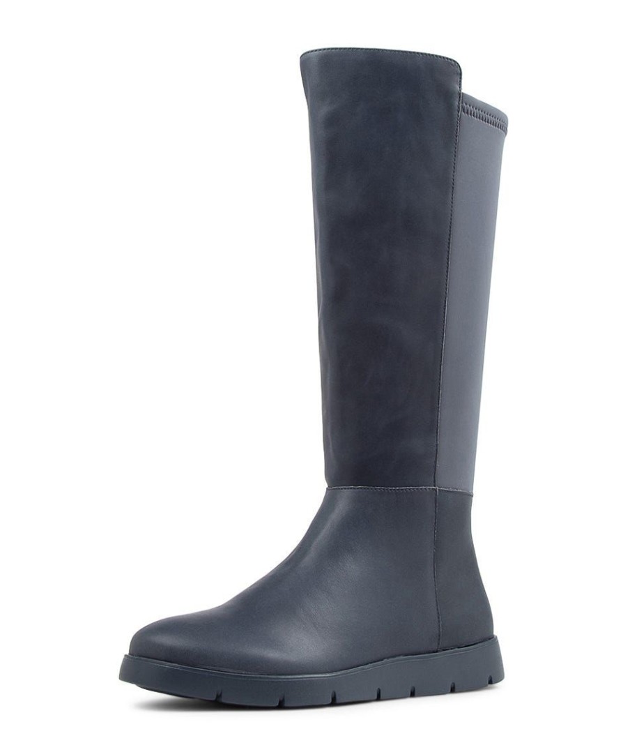 Shoes ZIERA | Monaka W Navy Leather Stretch Knee High Boots