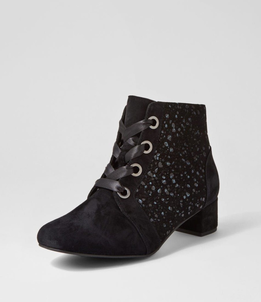 Shoes ZIERA | Knox W Black Sparkle Suede Lace Up Boots