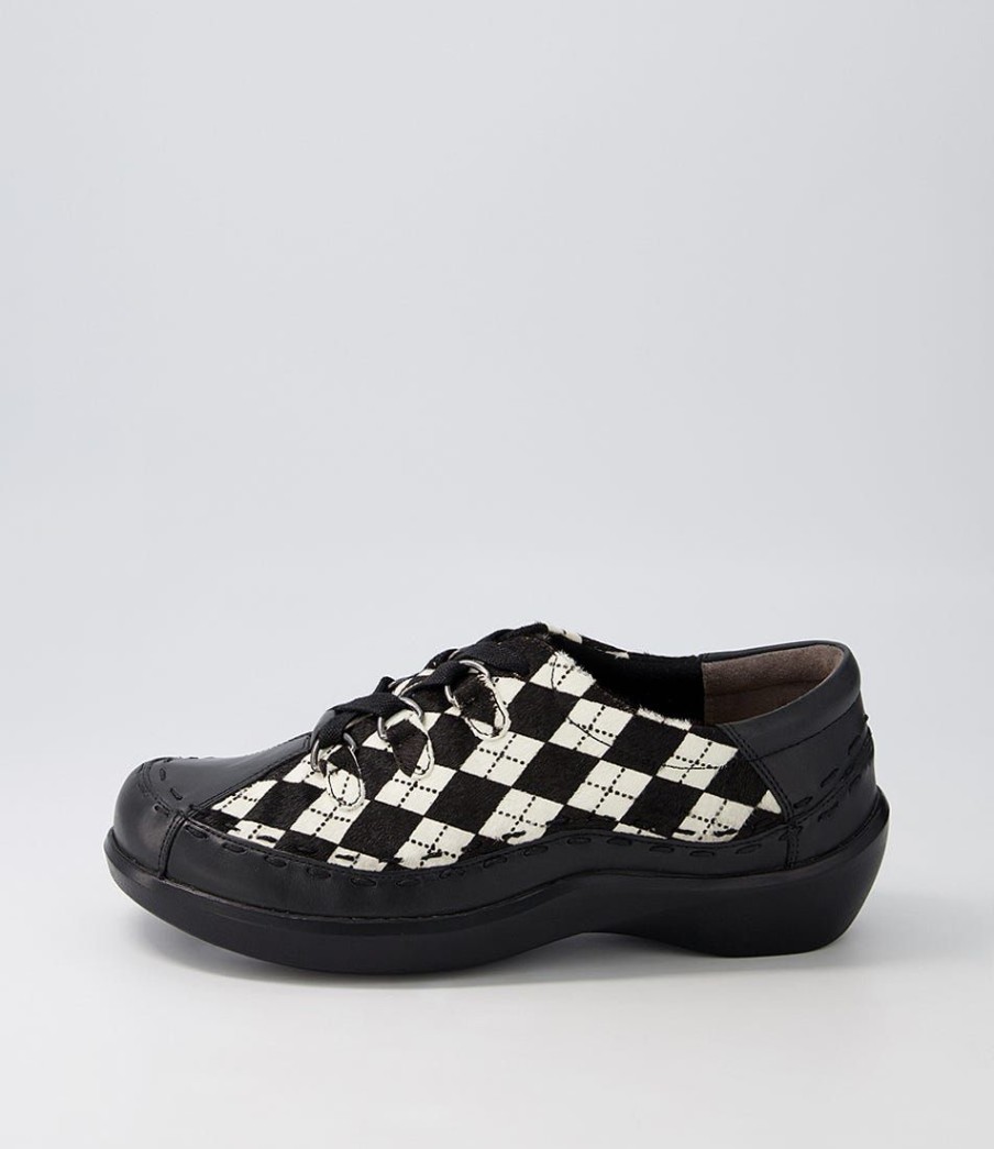 Shoes ZIERA | Allsorts Xw Black White Check Eather Pony Lace Up Flats