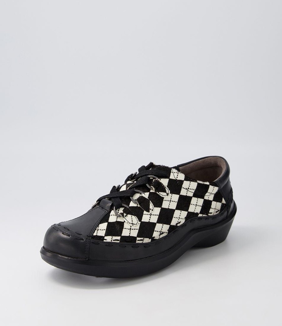 Shoes ZIERA | Allsorts Xw Black White Check Eather Pony Lace Up Flats