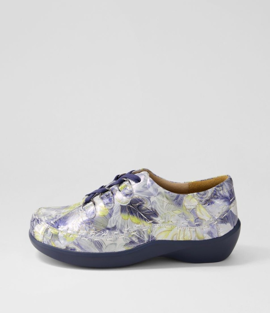 Shoes ZIERA | Allsorts Xw Navy Silver Floral Leather Lace Up Flats