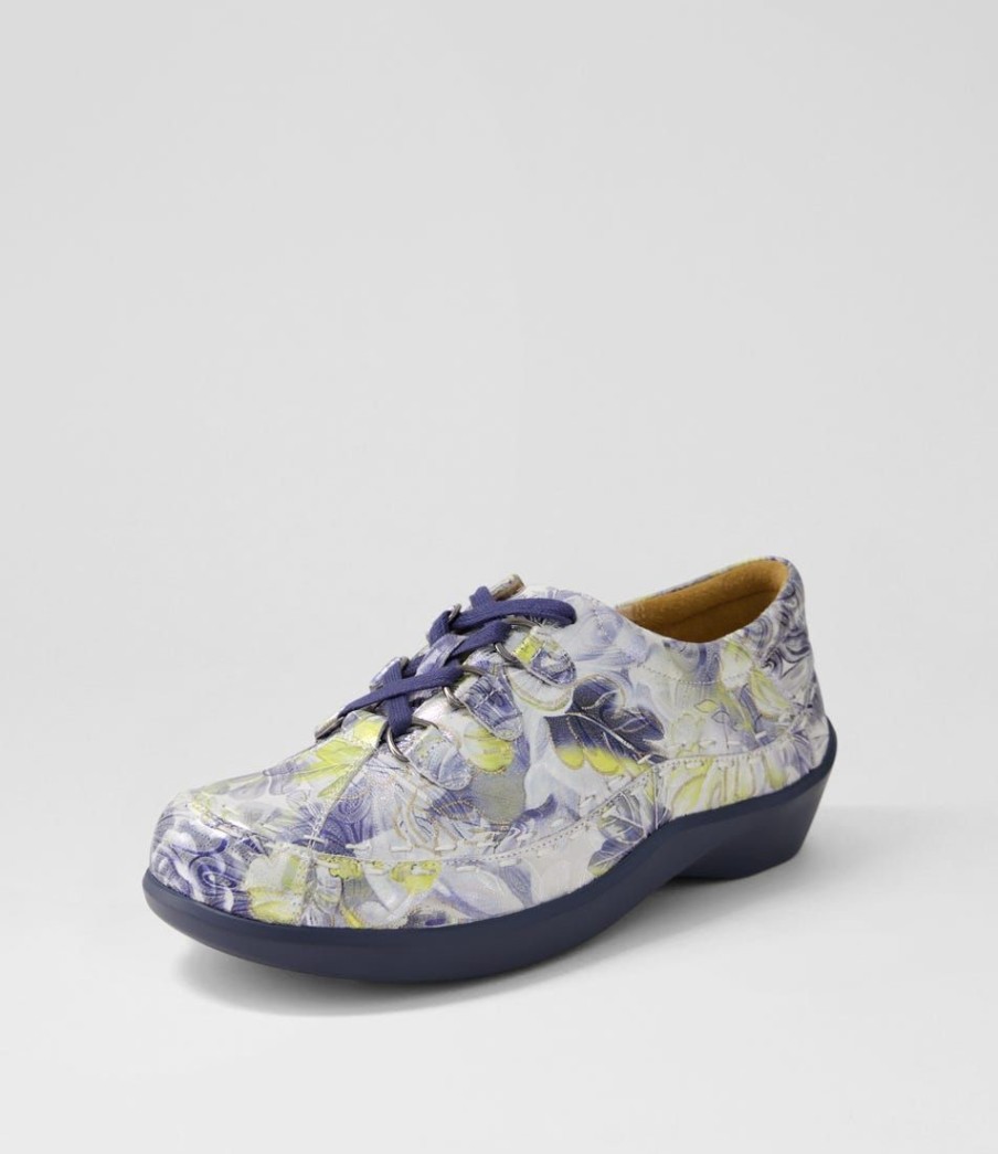 Shoes ZIERA | Allsorts Xw Navy Silver Floral Leather Lace Up Flats