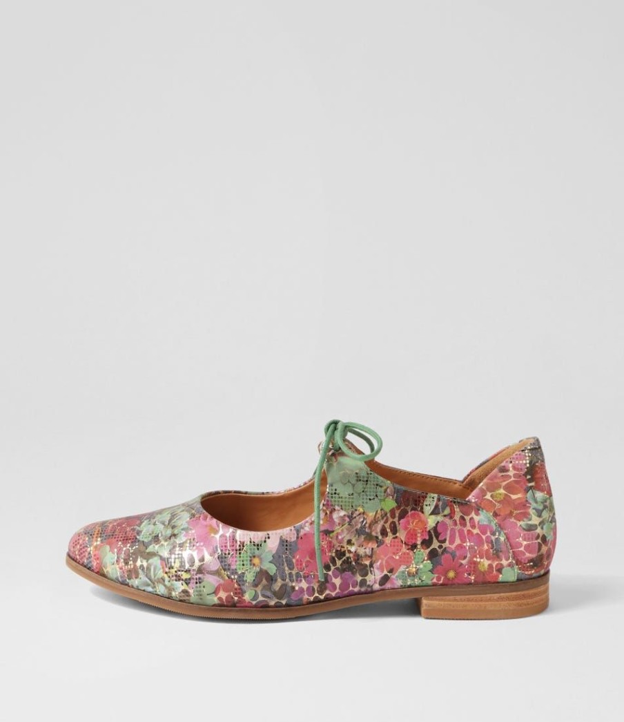 Shoes ZIERA | Oceany Xf Green Floral Leather Lace Up Flats