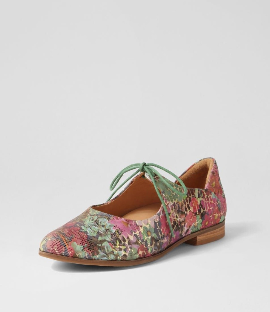 Shoes ZIERA | Oceany Xf Green Floral Leather Lace Up Flats