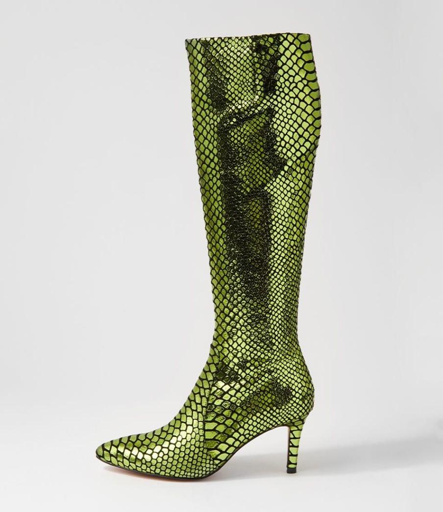 Shoes MOLLINI | Chime Lime Metallic Snake Knee High Boots