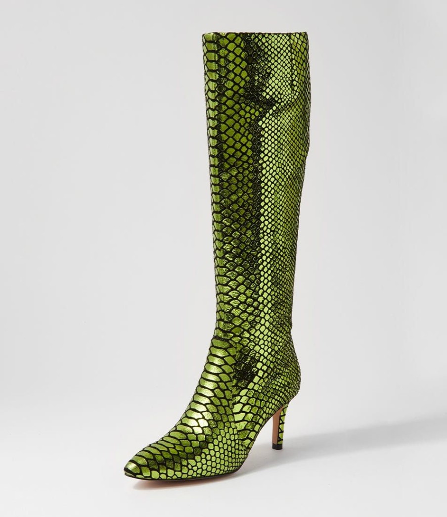 Shoes MOLLINI | Chime Lime Metallic Snake Knee High Boots