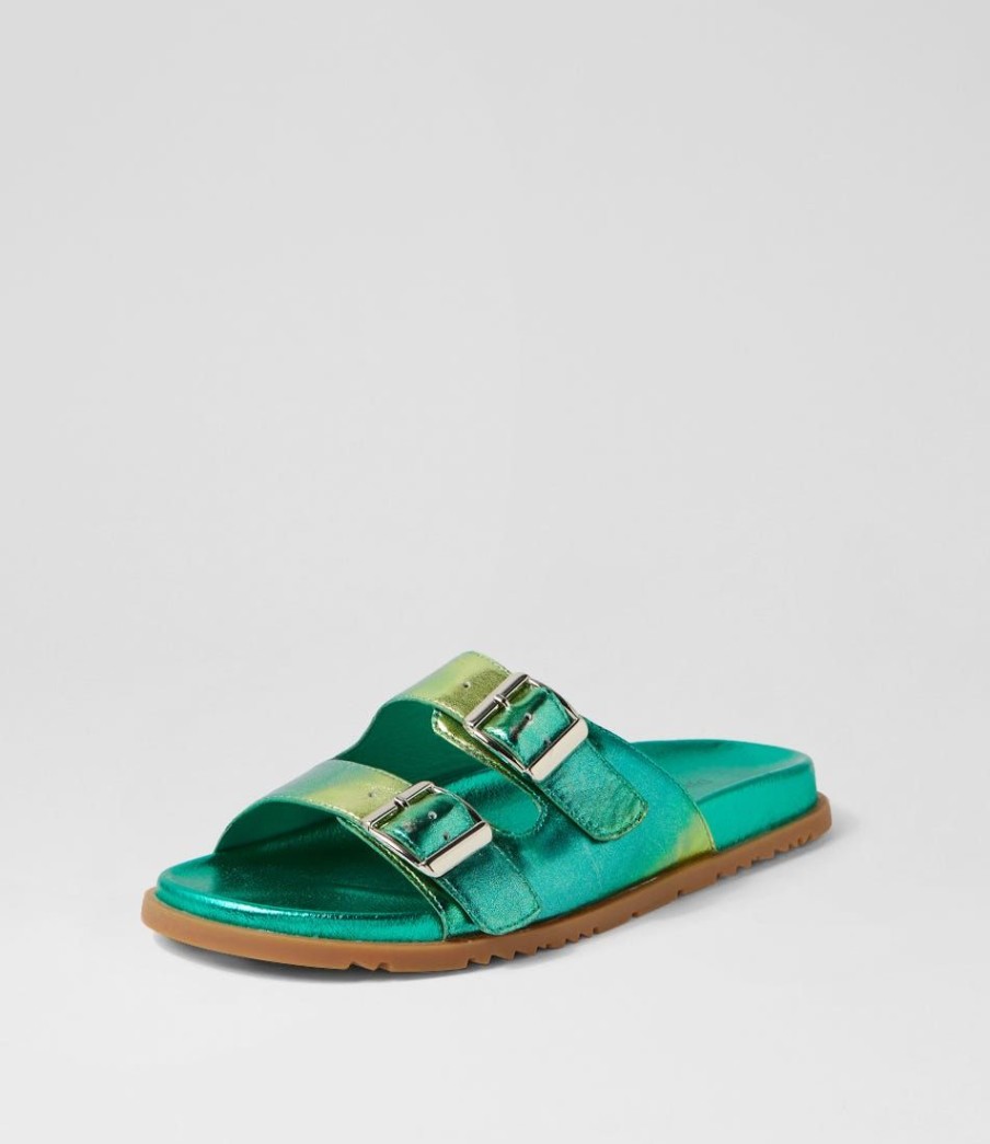 Shoes DJANGO & JULIETTE | Tyne Emerald Mix Leather Slides