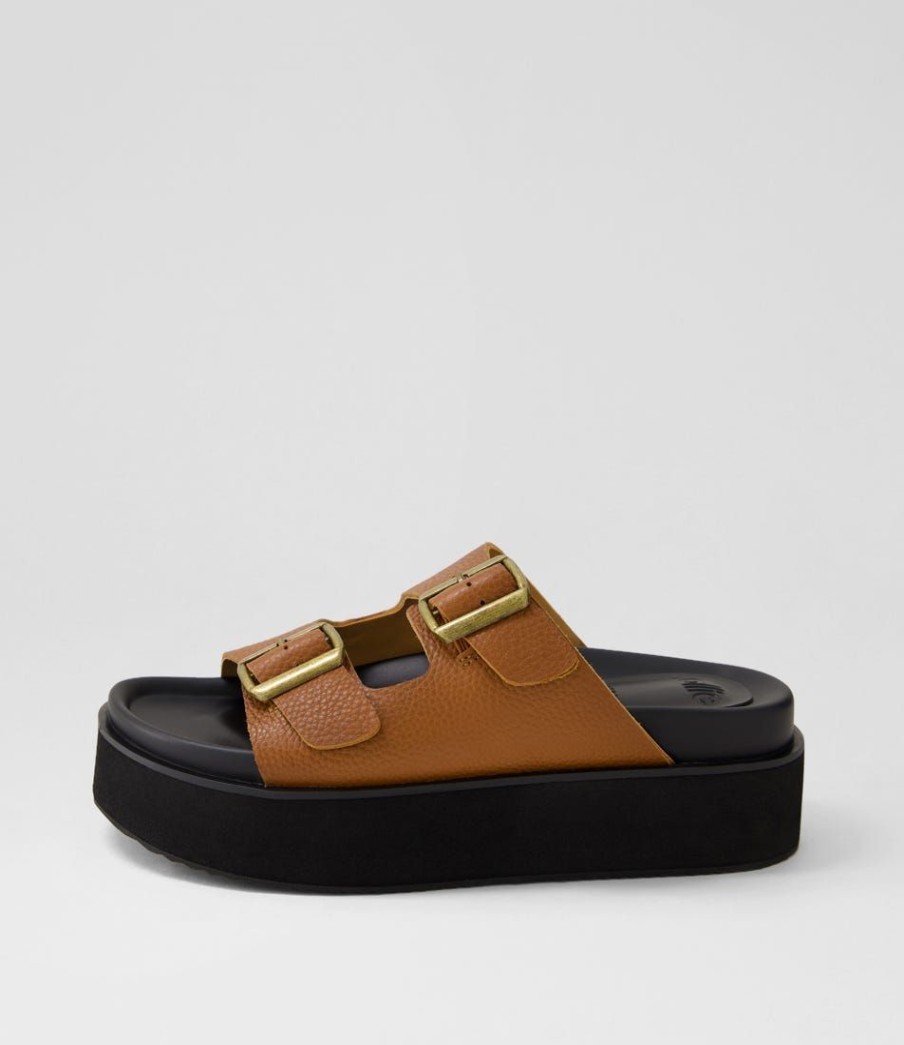 Shoes ROLLIE | Ace Burnish Tan Black Leather Slides