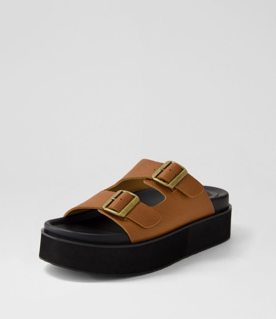 Shoes ROLLIE | Ace Burnish Tan Black Leather Slides