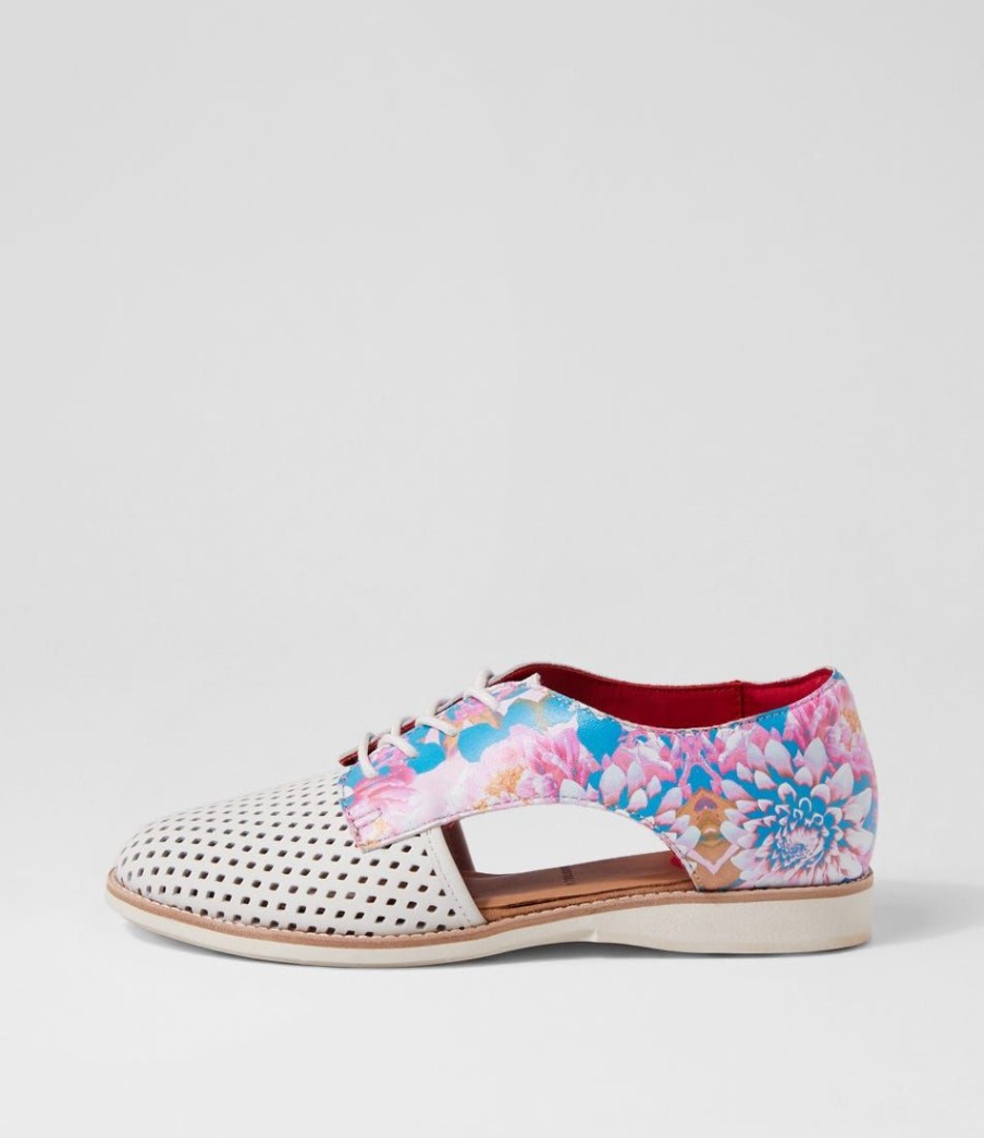 Shoes ROLLIE | Sidecut Punch White Pastel Floral Leather Lace Up Flats