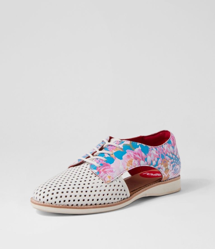 Shoes ROLLIE | Sidecut Punch White Pastel Floral Leather Lace Up Flats