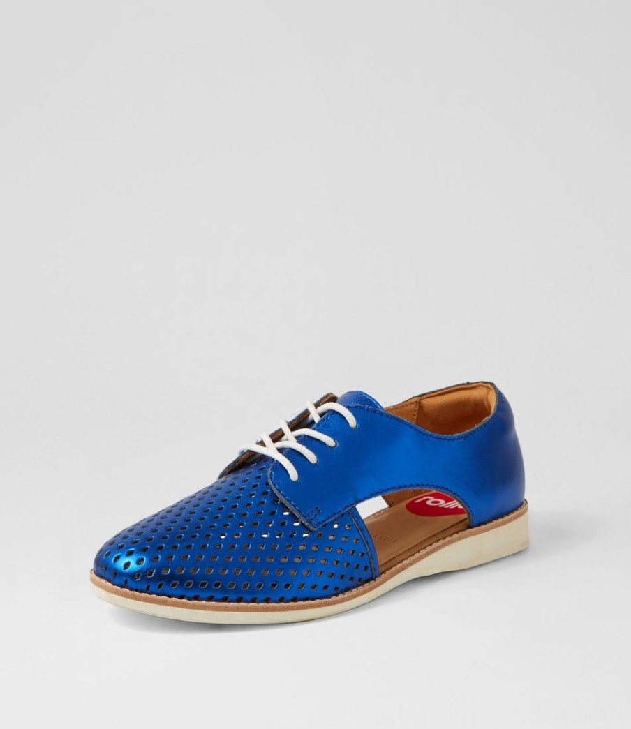 Shoes ROLLIE | Sidecut Punch Cobalt Sheen Leather Lace Up Flats