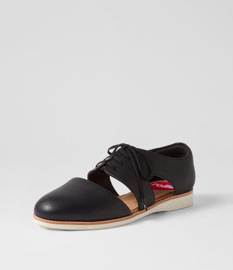 Shoes ROLLIE | Derby Cutout Black Leather Lace Up Flats