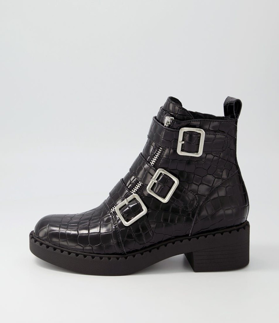 Shoes DJANGO & JULIETTE | Xantha Black Shine Croc Leather Ankle Boots