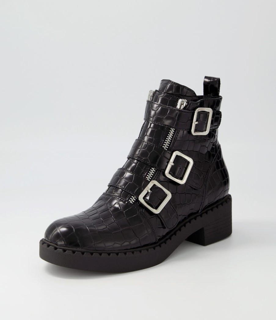 Shoes DJANGO & JULIETTE | Xantha Black Shine Croc Leather Ankle Boots