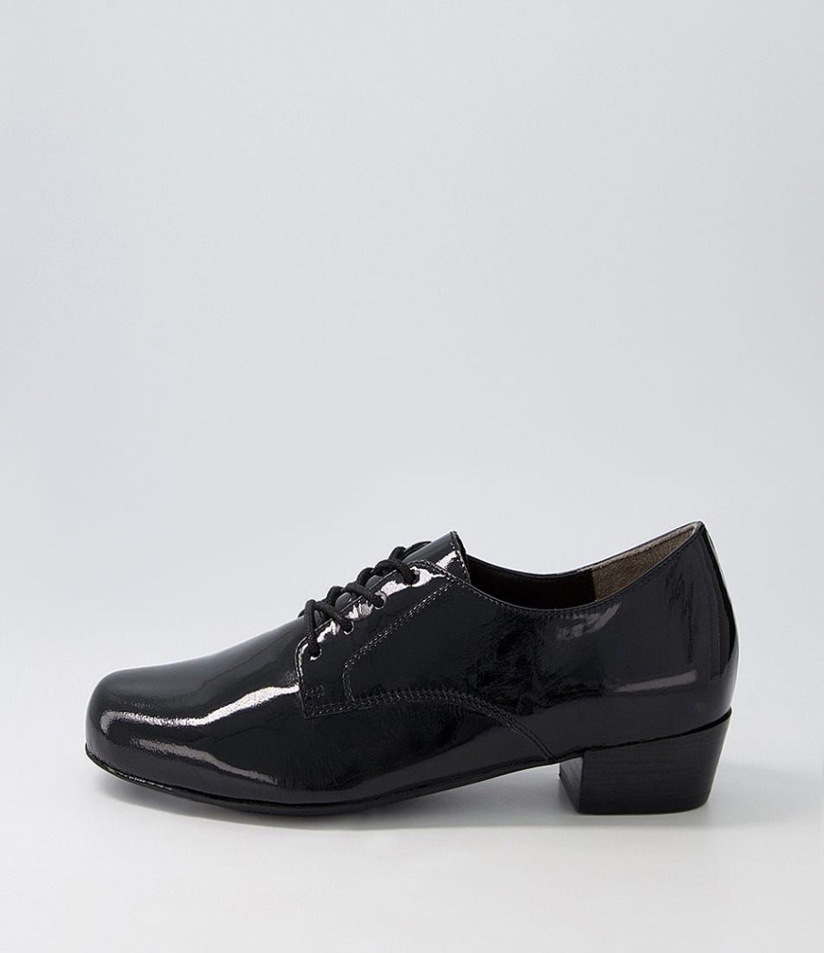 Shoes ZIERA | Qessol Xw Black Patent Leather Lace Up Flats