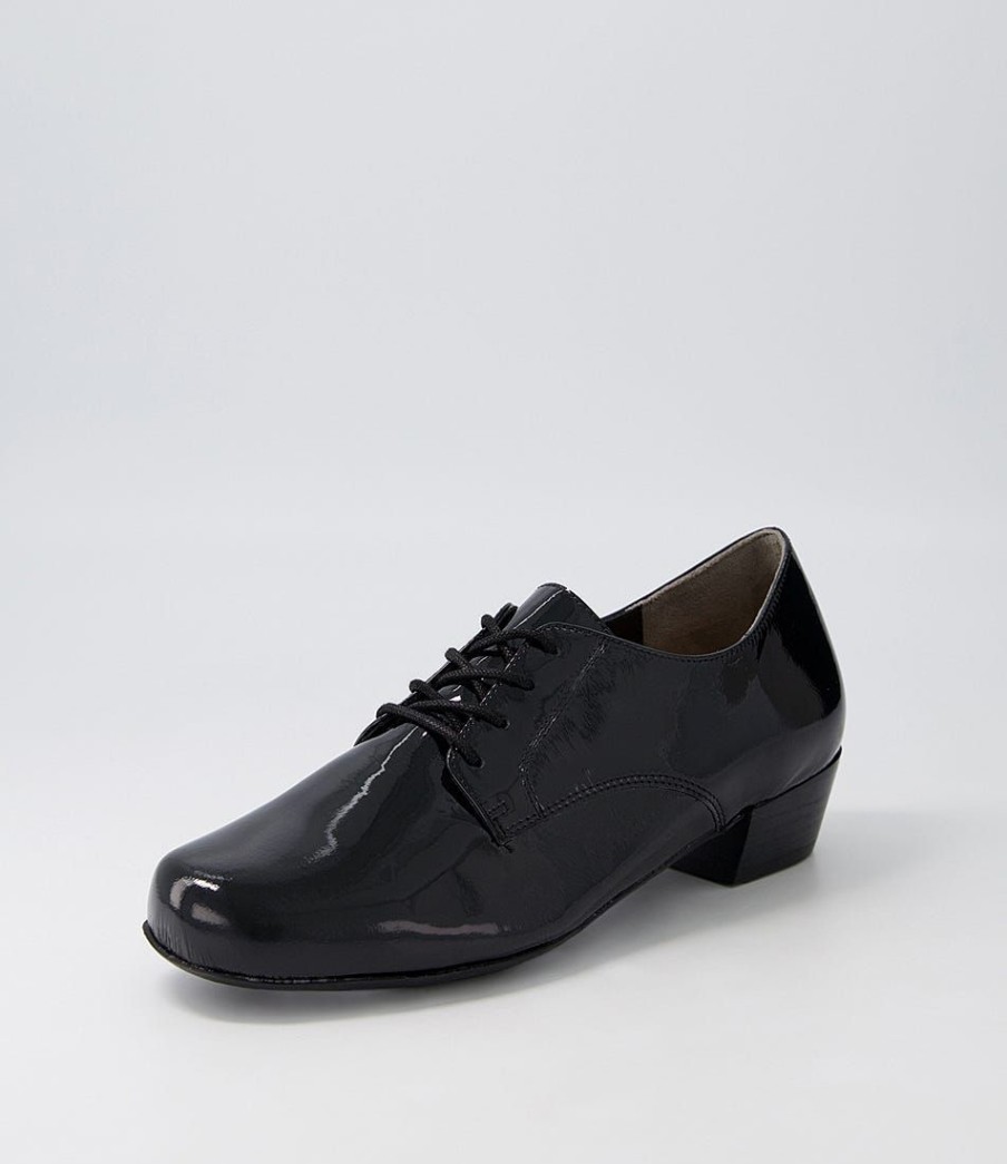 Shoes ZIERA | Qessol Xw Black Patent Leather Lace Up Flats