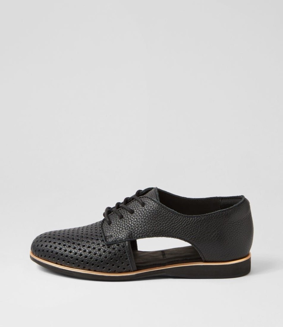 Shoes ROLLIE | Sidecut Punch All Black Leather Lace Up Flats