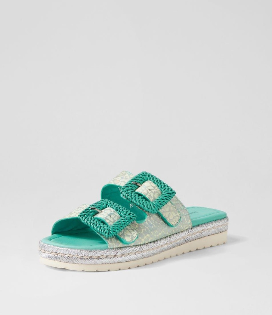 Shoes DJANGO & JULIETTE | Savi Aqua Print Leather Buckle Slides