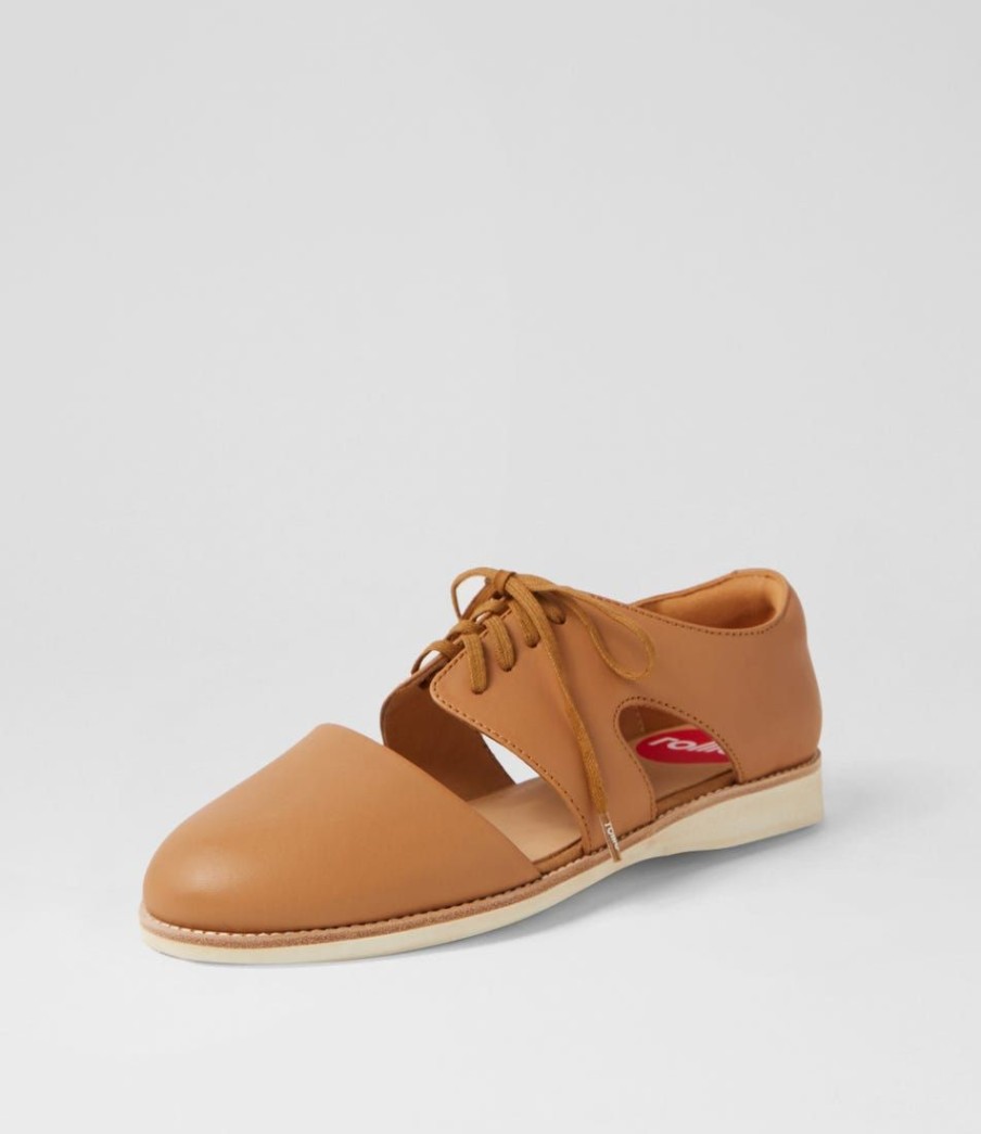 Shoes ROLLIE | Derby Cutout Soft Tan Leather Lace Up Flats