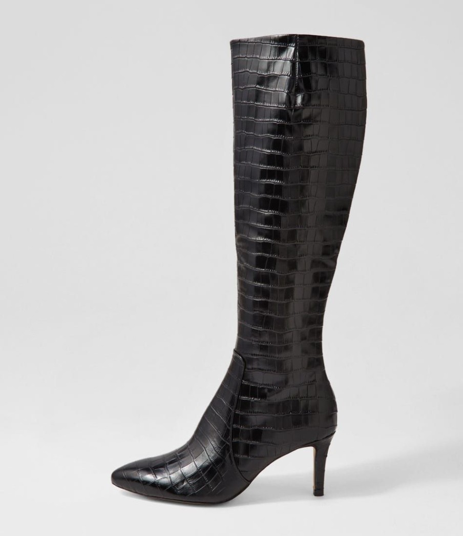 Shoes MOLLINI | Chime Black Croc Leather Knee High Boots