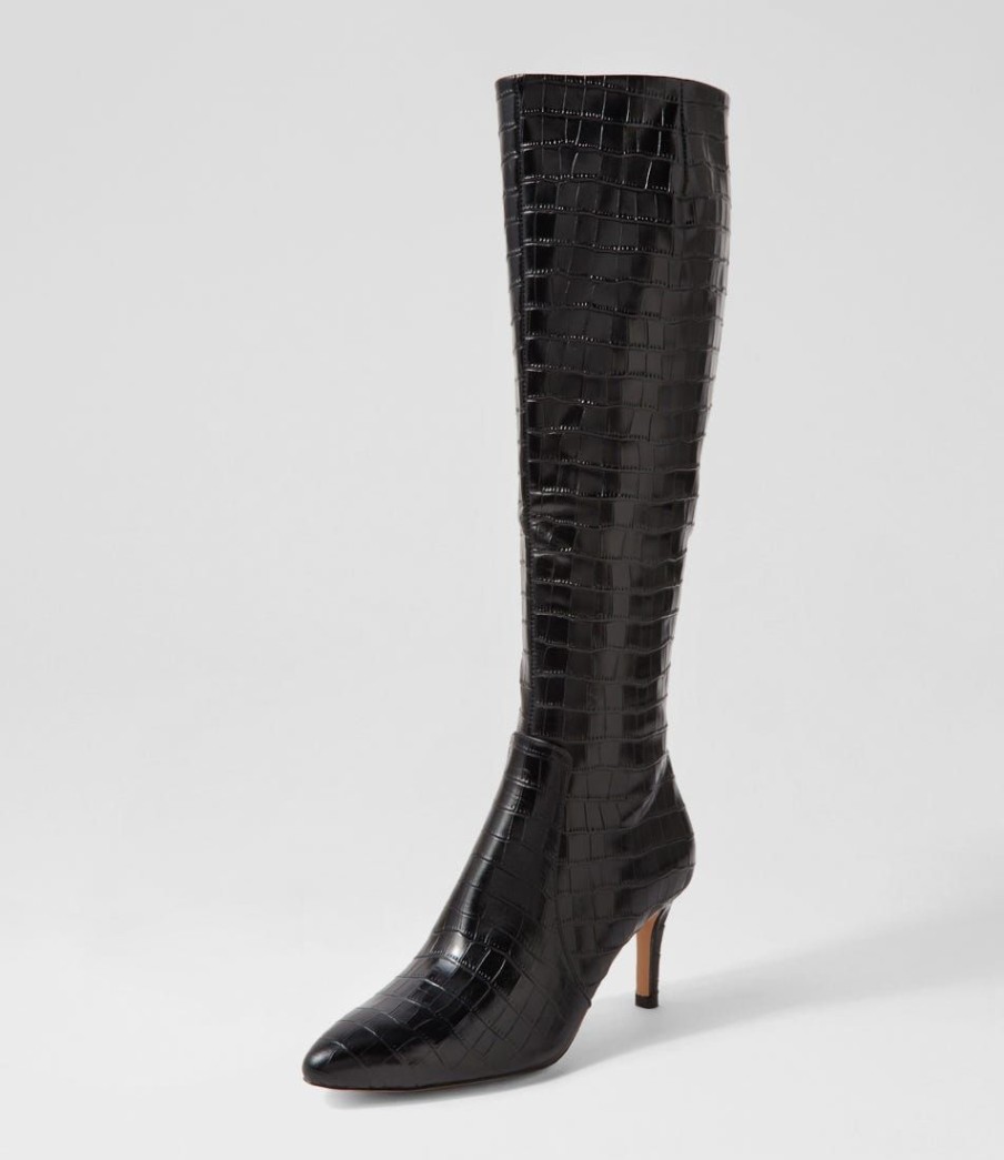 Shoes MOLLINI | Chime Black Croc Leather Knee High Boots