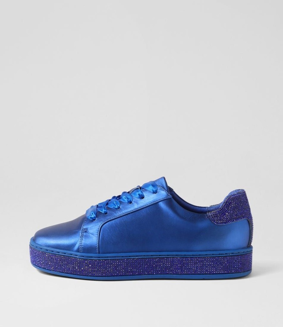 Shoes TOP END | Pluma Cobalt Satin Leather Jewels Lace Up Flats