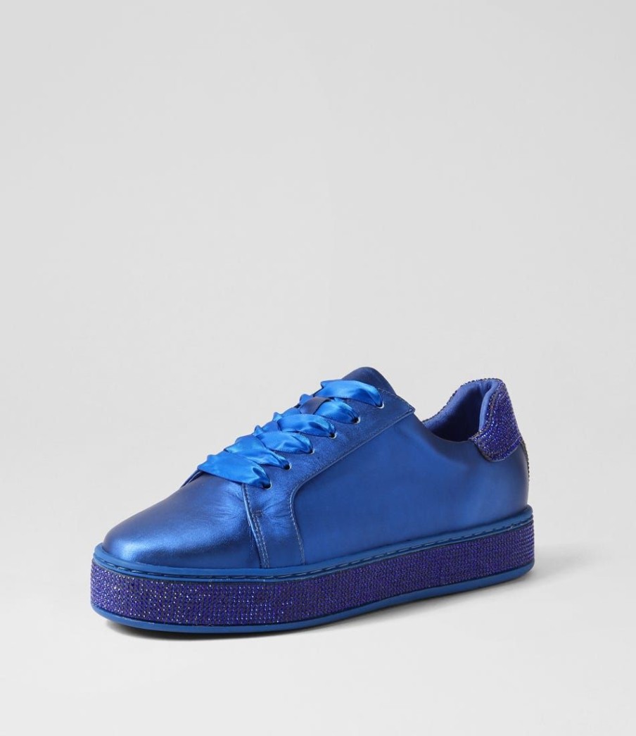 Shoes TOP END | Pluma Cobalt Satin Leather Jewels Lace Up Flats